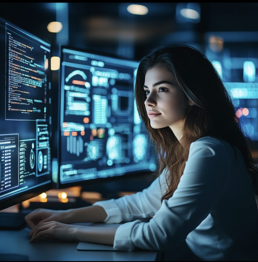 Jauna moteris priešais kompiuterio ekranus, dirbanti IT srityje